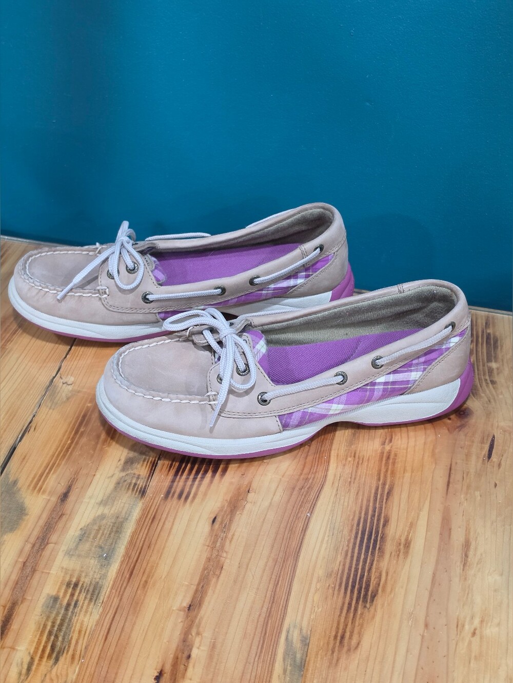 Sperry Top-Sider Women’s 7.5 Pink Purple Plaid Leather Boat Shoes